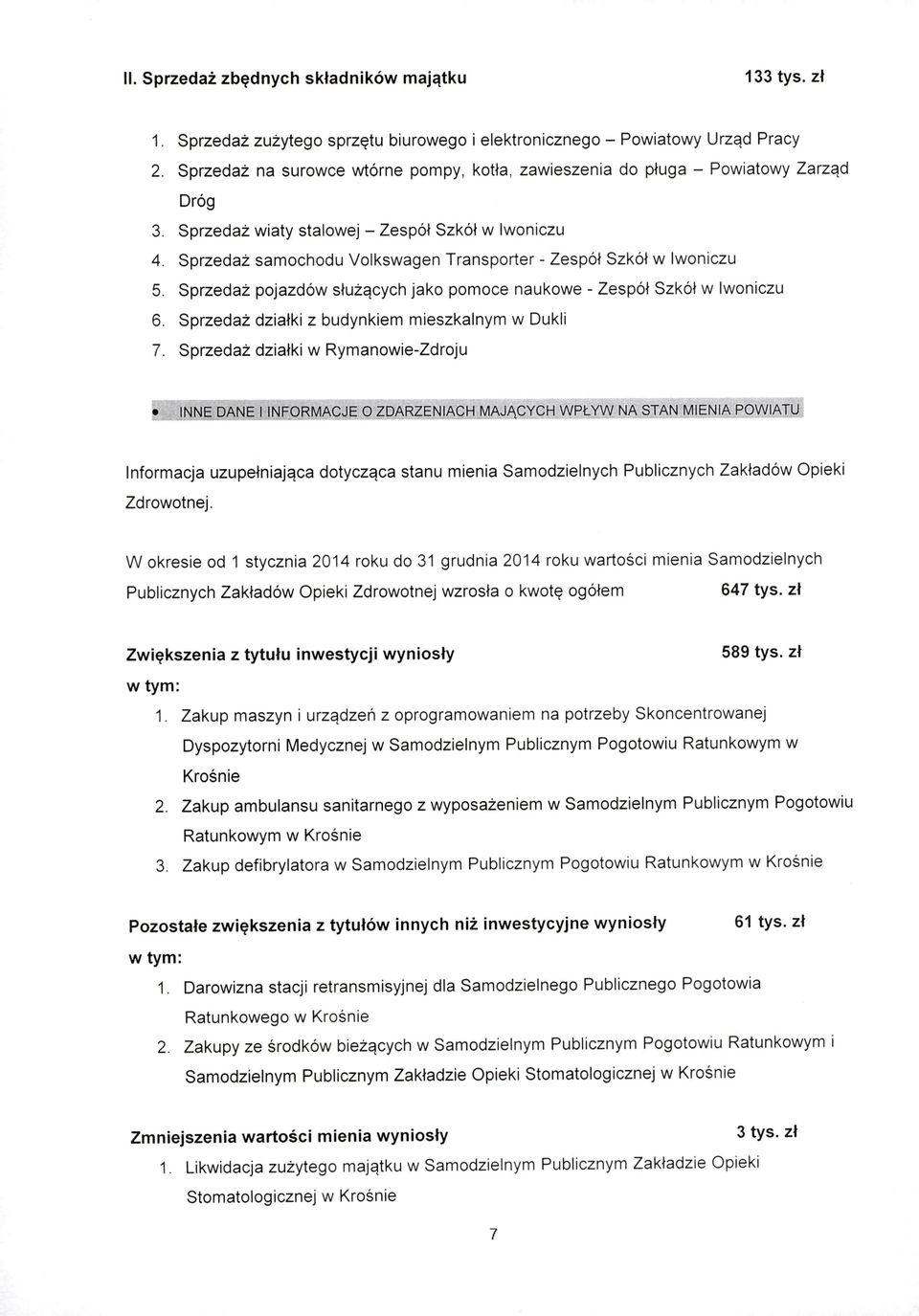 Sprzedaż samochodu Volkswagen Transporter - Zespół Szkół w Iwoniczu 5. Sprzedaż pojazdów służących jako pomoce naukowe - Zespół Szkół w Iwoniczu 6. Sprzedaż działki z budynkiem mieszkalnym w Dukli 7.