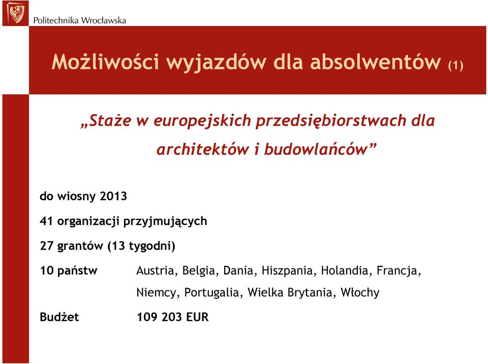 organizacji przyjmujących 27 grantów (13 tygodni) 10 państw Austria,