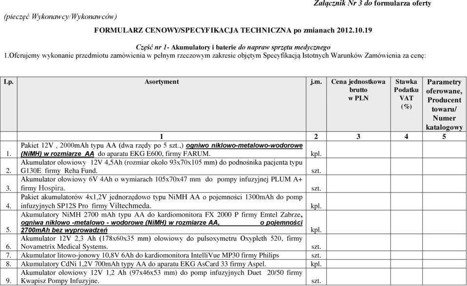 Stawka Podatku VAT (%) Parametry oferowane, Producent towaru/ Numer katalogowy 1 2 3 4 5 Pakiet 12V, 2000mAh typu AA (dwa rzędy po 5,) ogniwo niklowo-metalowo-wodorowe (NiMH) w rozmiarze AA do