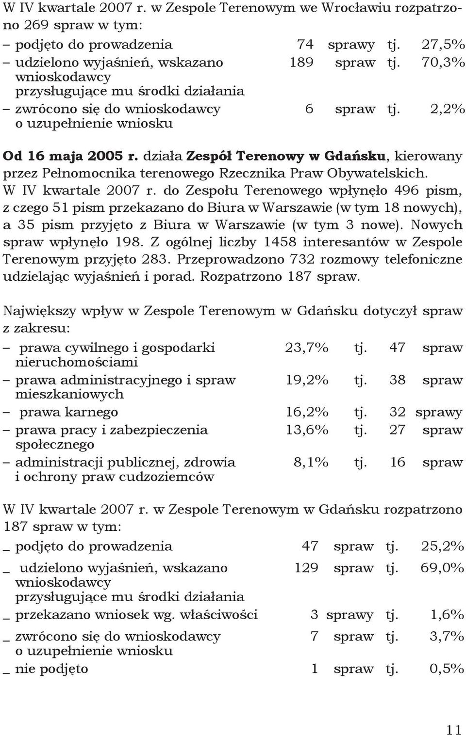 działa Zespół Terenowy w Gdańsku, kierowany przez Pełnomocnika terenowego Rzecznika Praw Obywatelskich. W IV kwartale 2007 r.