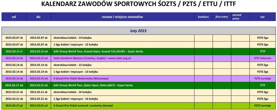 uk ITTF Veterans 2015.02.14 sb 2015.02.14 sb ekstraklasa kobiet - 15 kolejka PZTS liga 2015.02.14 sb 2015.02.14 sb 1 liga kobiet i mężczyzn - 13 kolejka PZTS liga 2015.02.14 sb 2015.02.15 nd 6 Grand Prix Polski Weteranów (Warszawa) PZTS turnieje 2015.
