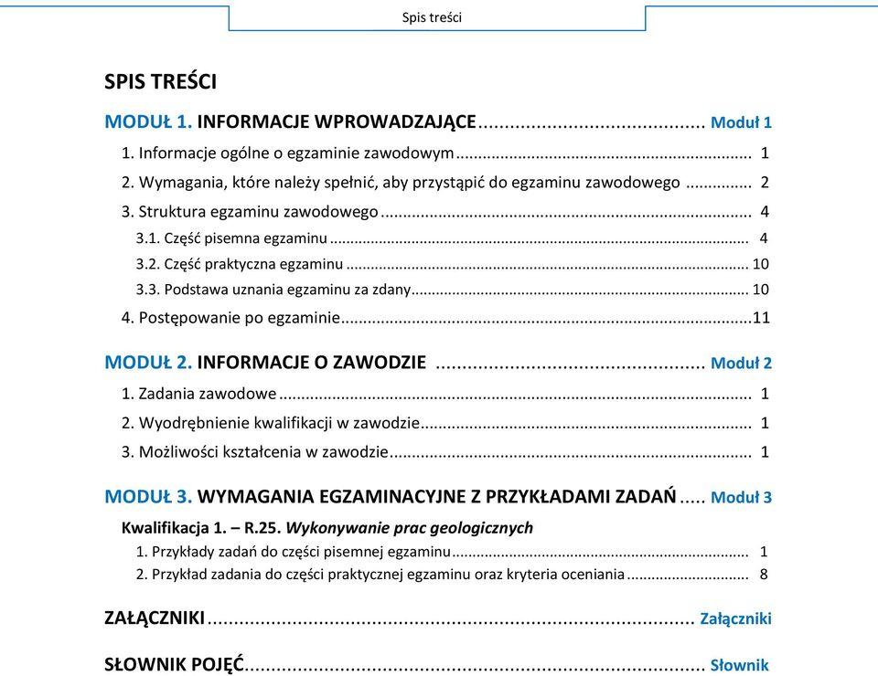 INFORMACJE O ZAWODZIE... Moduł 2 1. Zadania zawodowe... 1 2. Wyodrębnienie kwalifikacji w zawodzie... 1 3. Możliwości kształcenia w zawodzie... 1 MODUŁ 3. WYMAGANIA EGZAMINACYJNE Z PRZYKŁADAMI ZADAŃ.