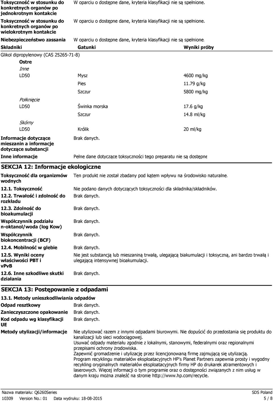 79 g/kg 5800 mg/kg Połknięcie LD50 Skórny LD50 Informacje dotyczące mieszanin a informacje dotyczące substancji Świnka morska Szczur Królik 17.6 g/kg 14.