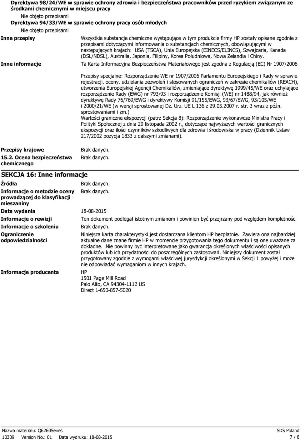 krajach: USA (TSCA), Unia Europejska (EINECS/ELINCS), Szwajcaria, Kanada (DSL/NDSL), Australia, Japonia, Filipiny, Korea Południowa, Nowa Zelandia i Chiny.