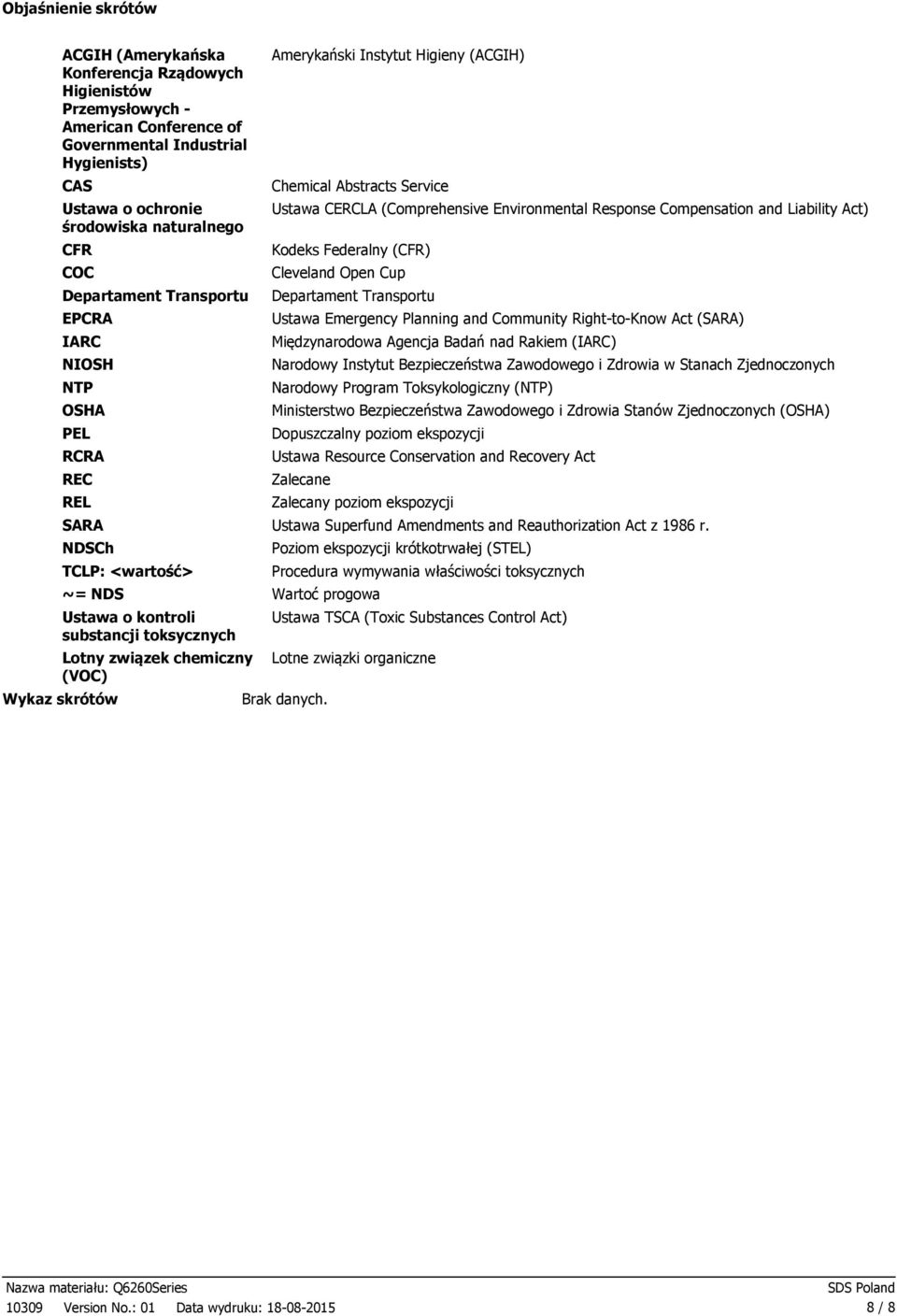 Instytut Higieny (ACGIH) Chemical Abstracts Service Ustawa CERCLA (Comprehensive Environmental Response Compensation and Liability Act) Kodeks Federalny (CFR) Cleveland Open Cup Departament