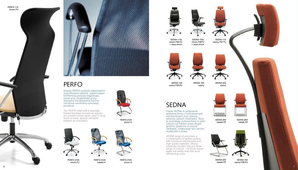 SEDNA The PERFO chair with a specially formed backrest ensures an ergonomic position of the spine, even in long hours of work. Special net fabric enables air circulation.