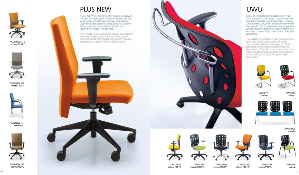 PLUS NEW is an ergonomic model of a classic line, which perfectly suits any office space. Solid backrest with height adjustment ensures appropriate support for the lumbar spine.