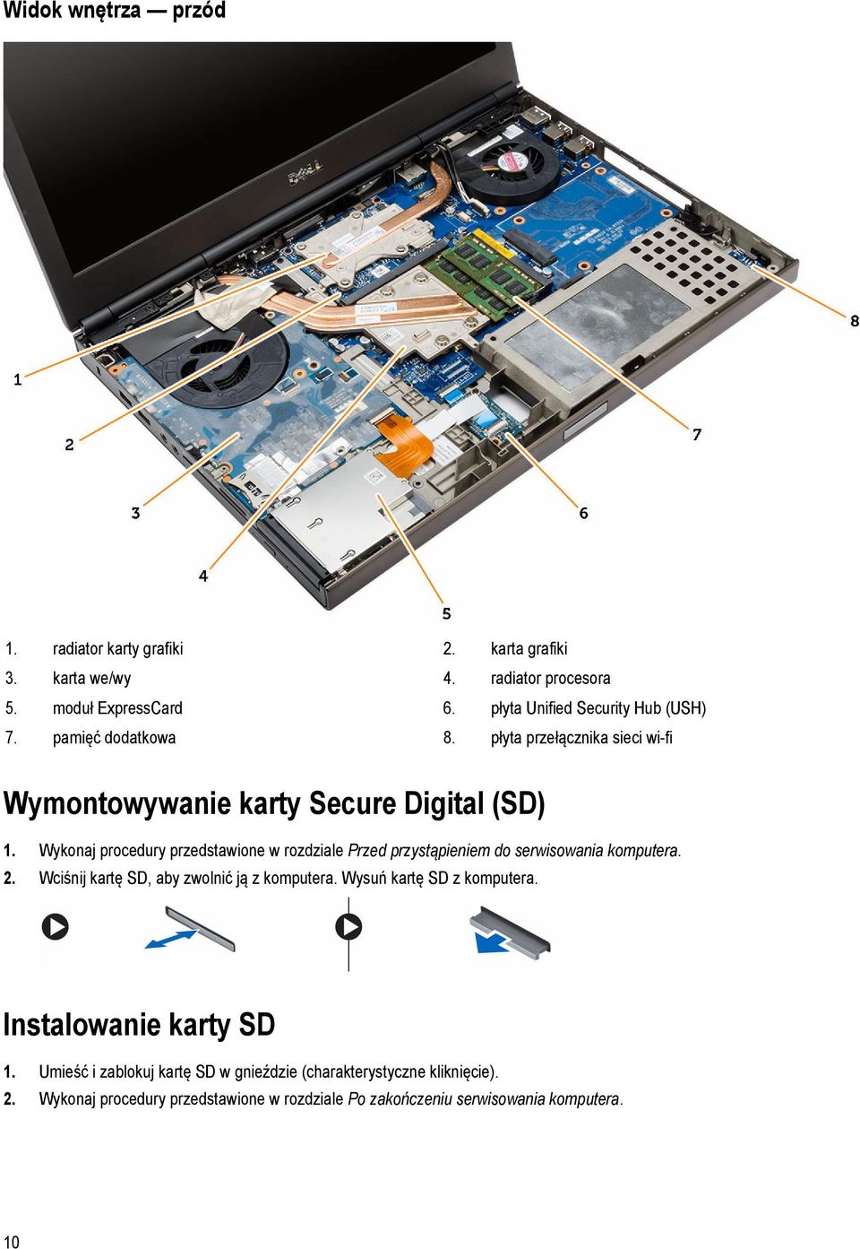 Wykonaj procedury przedstawione w rozdziale Przed przystąpieniem do serwisowania komputera. 2. Wciśnij kartę SD, aby zwolnić ją z komputera.