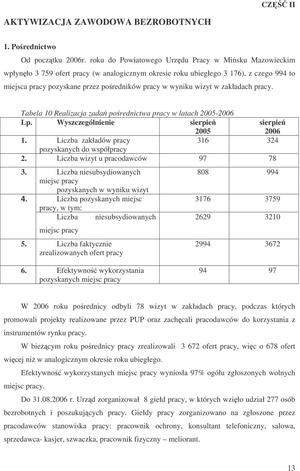 wizyt w zakładach pracy. Tabela 10 Realizacja zada porednictwa pracy w latach 2005-2006 Lp. Wyszczególnienie sierpie 2005 sierpie 2006 1. Liczba zakładów pracy 316 324 pozyskanych do współpracy 2.