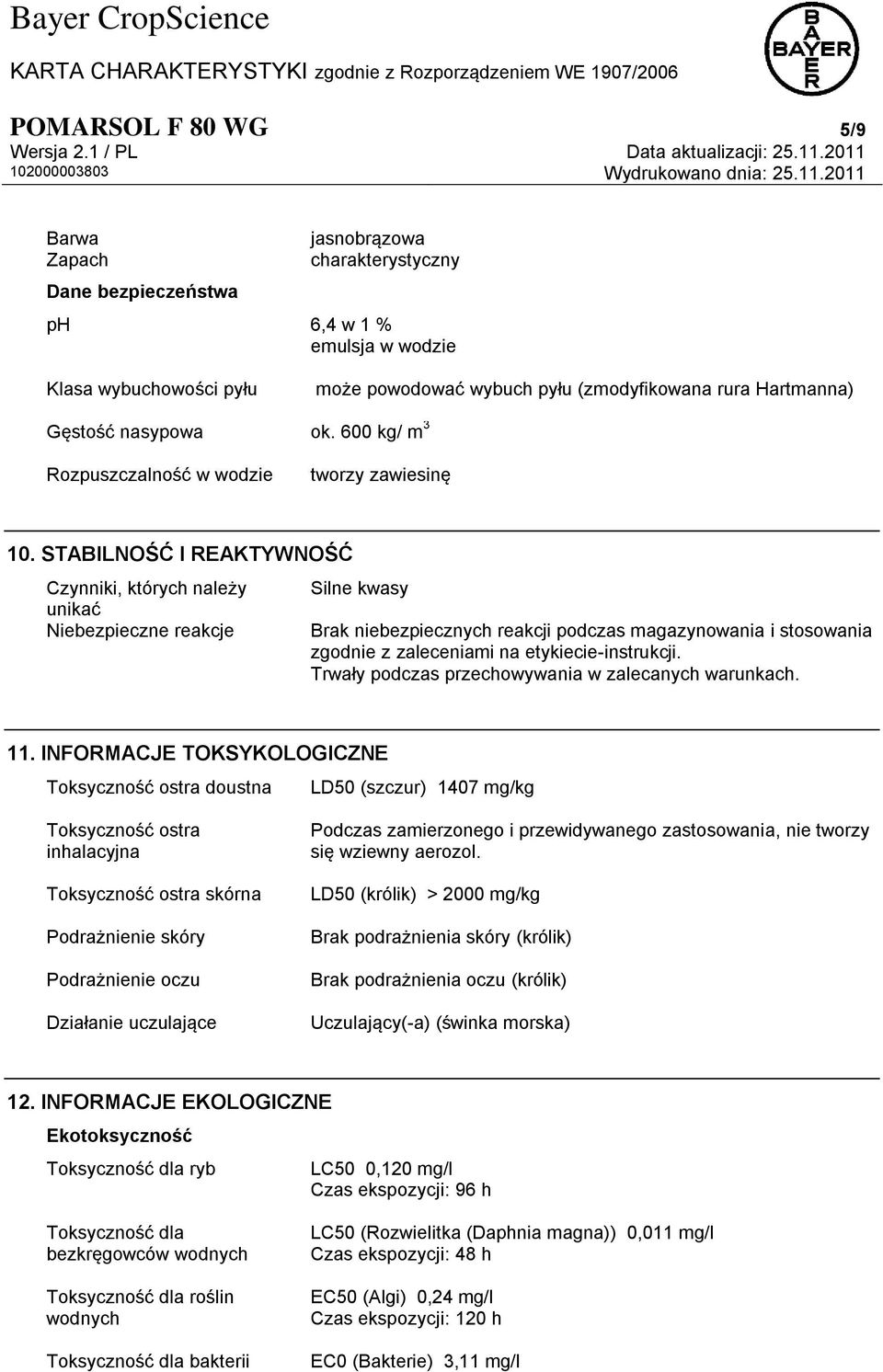 STABILNOŚĆ I REAKTYWNOŚĆ Czynniki, których należy unikać Niebezpieczne reakcje Silne kwasy Brak niebezpiecznych reakcji podczas magazynowania i stosowania zgodnie z zaleceniami na