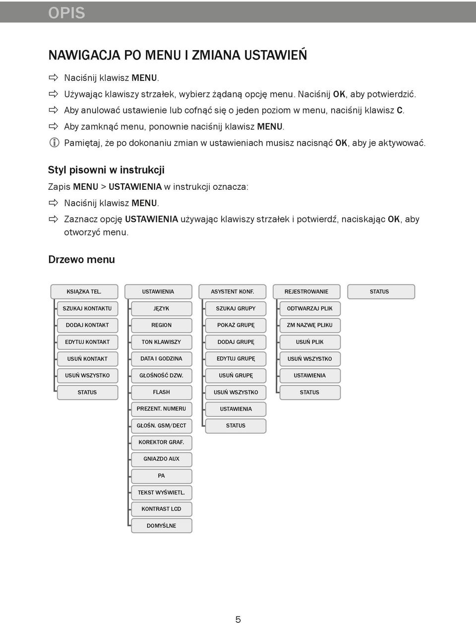 Pamiętaj, że po dokonaniu zmian w ustawieniach musisz nacisnąć OK, aby je aktywować. Styl pisowni w instrukcji Zapis MENU > USTAWIENIA w instrukcji oznacza: Naciśnij klawisz MENU.