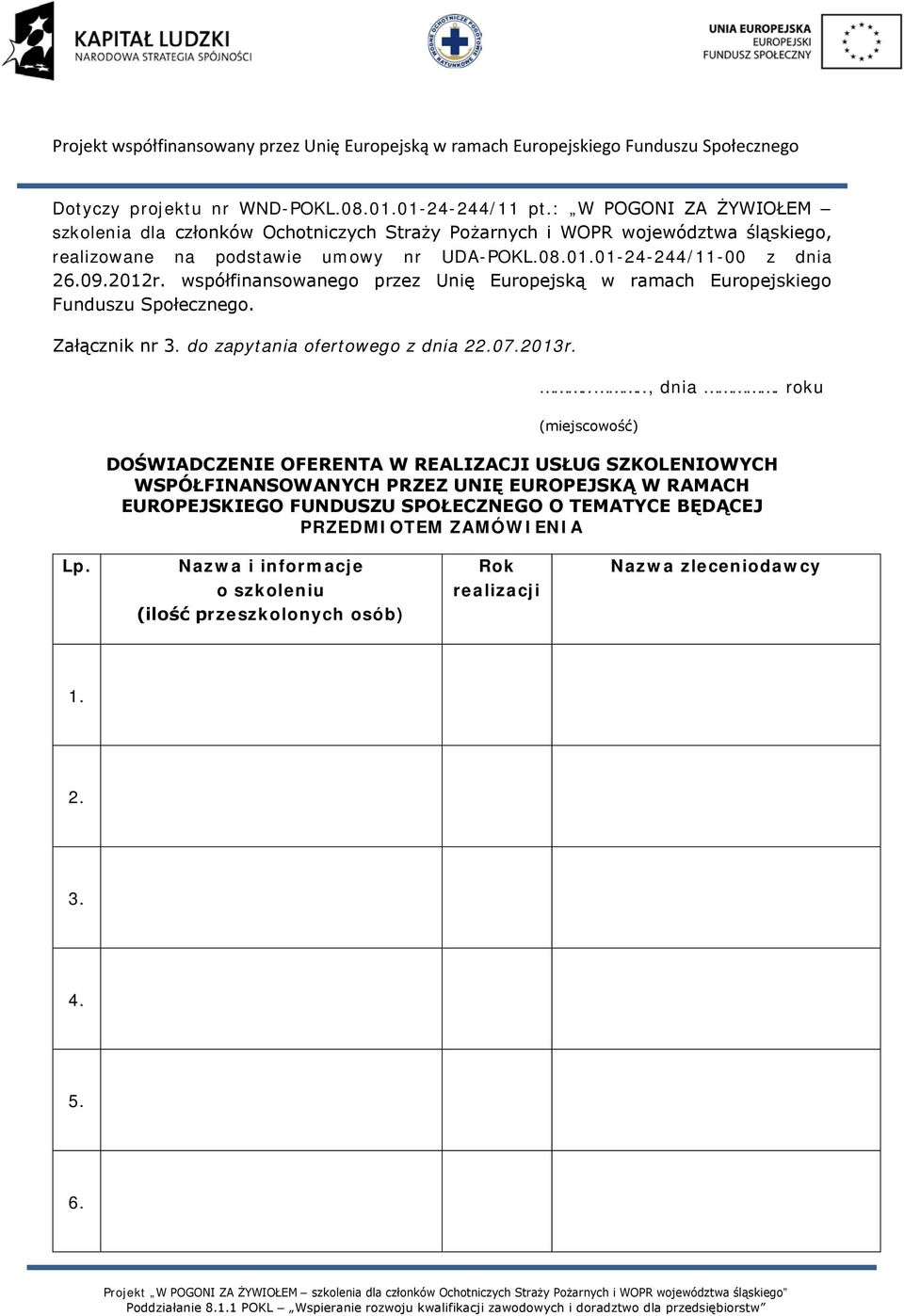 01-24-244/11-00 z dnia 26.09.2012r. współfinansowanego przez Unię Europejską w ramach Europejskiego Funduszu Społecznego. Załącznik nr 3. do zapytania ofertowego z dnia 22.07.