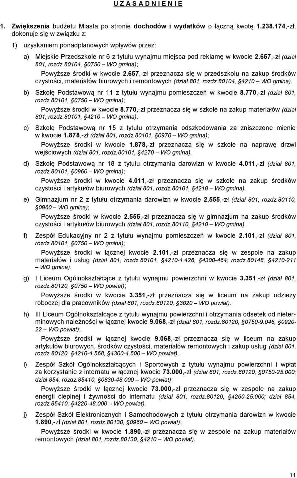 80104, 0750 WO gmina); Powyższe środki w kwocie 2.657,-zł przeznacza się w przedszkolu na zakup środków czystości, materiałów biurowych i remontowych (dział 801, rozdz.80104, 4210 WO gmina).