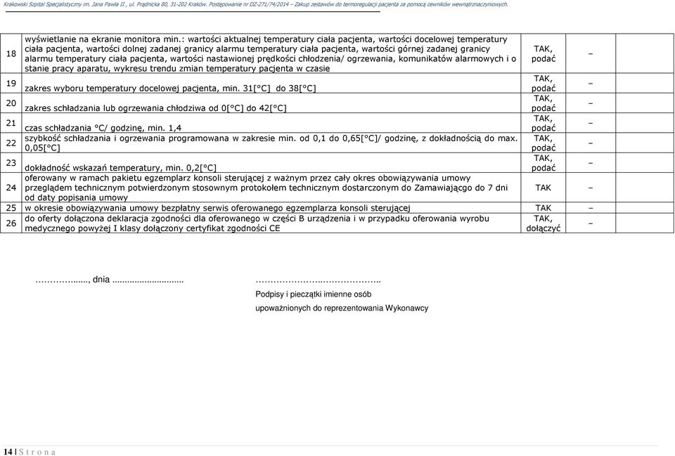 alarmu temperatury ciała pacjenta, wartości nastawionej prędkości chłodzenia/ ogrzewania, komunikatów alarmowych i o stanie pracy aparatu, wykresu trendu zmian temperatury pacjenta w czasie 19 zakres