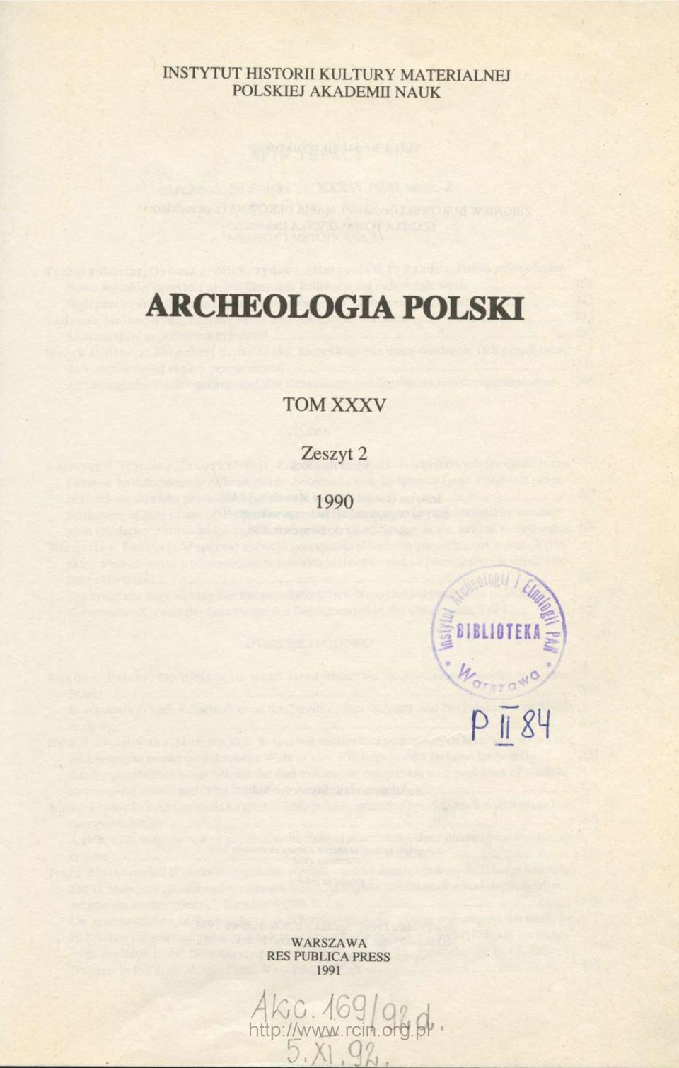 NAUK ARCHEOLOGIA POLSKI TOM XXXV