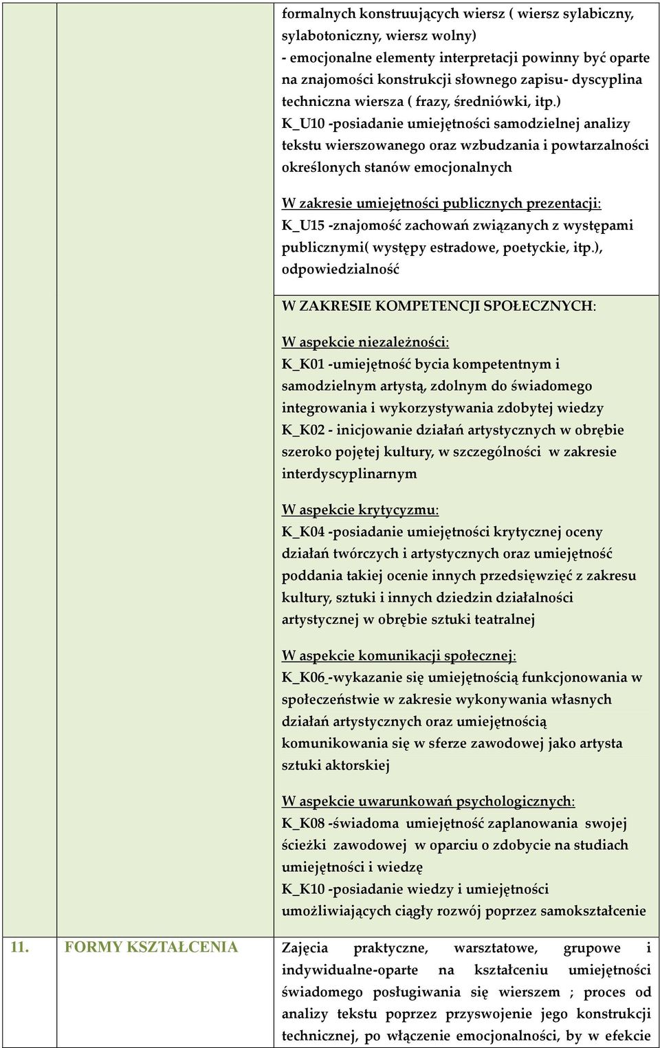 ) K_U10 -posiadanie umiejętności samodzielnej analizy tekstu wierszowanego oraz wzbudzania i powtarzalności określonych stanów emocjonalnych W zakresie umiejętności publicznych prezentacji: K_U15