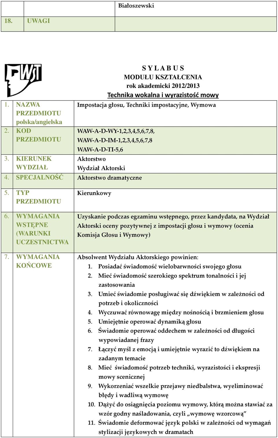 WAW-A-D-IM-1,2,3,4,5,6,7,8 WAW-A-D-TI-5,6 Aktorstwo Wydział Aktorski 4. SPECJALNOŚĆ Aktorstwo dramatyczne 5. TYP PRZEDMIOTU 6. WYMAGANIA WSTĘPNE (WARUNKI UCZESTNICTWA 7.