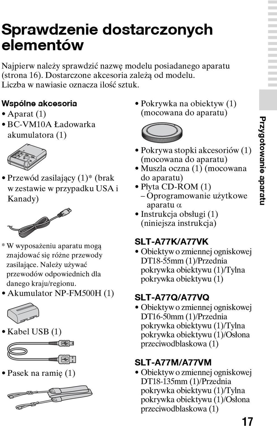Wspólne akcesoria Aparat (1) BC-VM10A Ładowarka akumulatora (1) Przewód zasilający (1)* (brak w zestawie w przypadku USA i Kanady) Pokrywka na obiektyw (1) (mocowana do aparatu) Pokrywa stopki