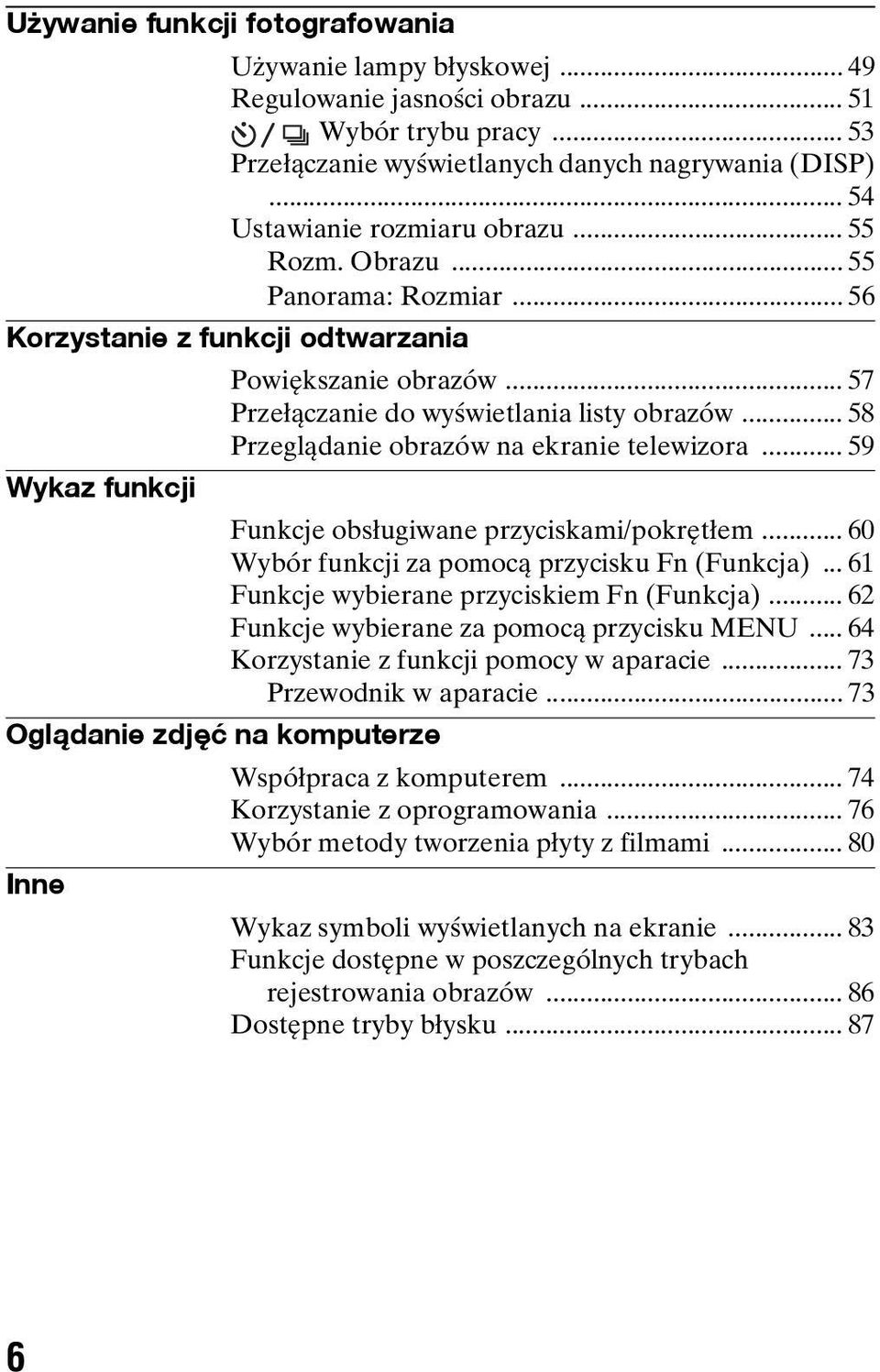 .. 58 Przeglądanie obrazów na ekranie telewizora... 59 Wykaz funkcji Funkcje obsługiwane przyciskami/pokrętłem... 60 Wybór funkcji za pomocą przycisku Fn (Funkcja).