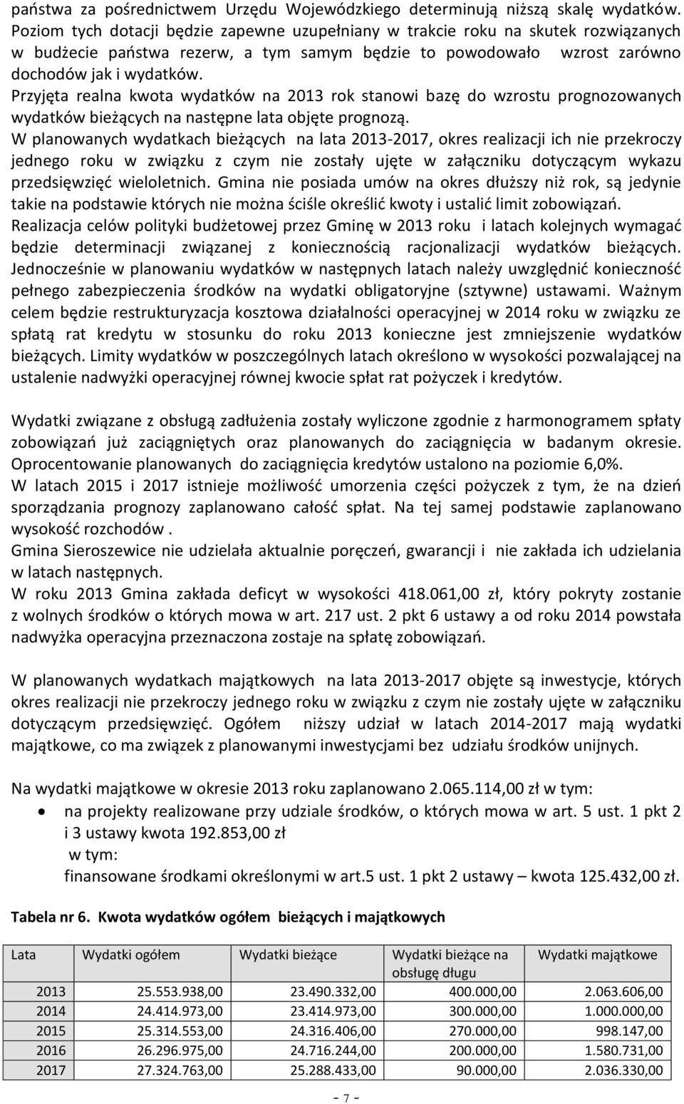 Przyjęta realna kwota wydatków na 2013 rok stanowi bazę do wzrostu prognozowanych wydatków bieżących na następne lata objęte prognozą.