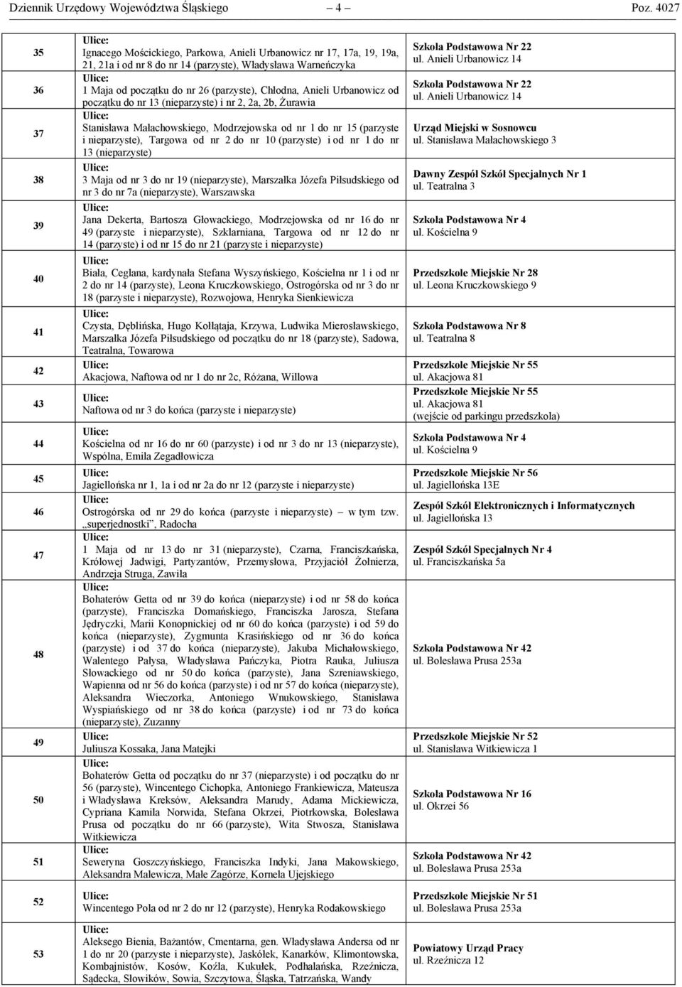 Maja od początku do nr 26 (parzyste), Chłodna, Anieli Urbanowicz od początku do nr 13 (nieparzyste) i nr 2, 2a, 2b, Żurawia Stanisława Małachowskiego, Modrzejowska od nr 1 do nr 15 (parzyste i