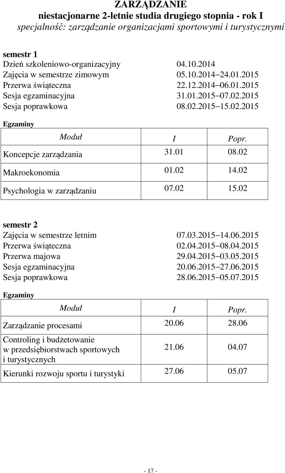 Koncepcje zarządzania 31.01 08.02 Makroekonomia 01.02 14.02 Psychologia w zarządzaniu 07.02 15.