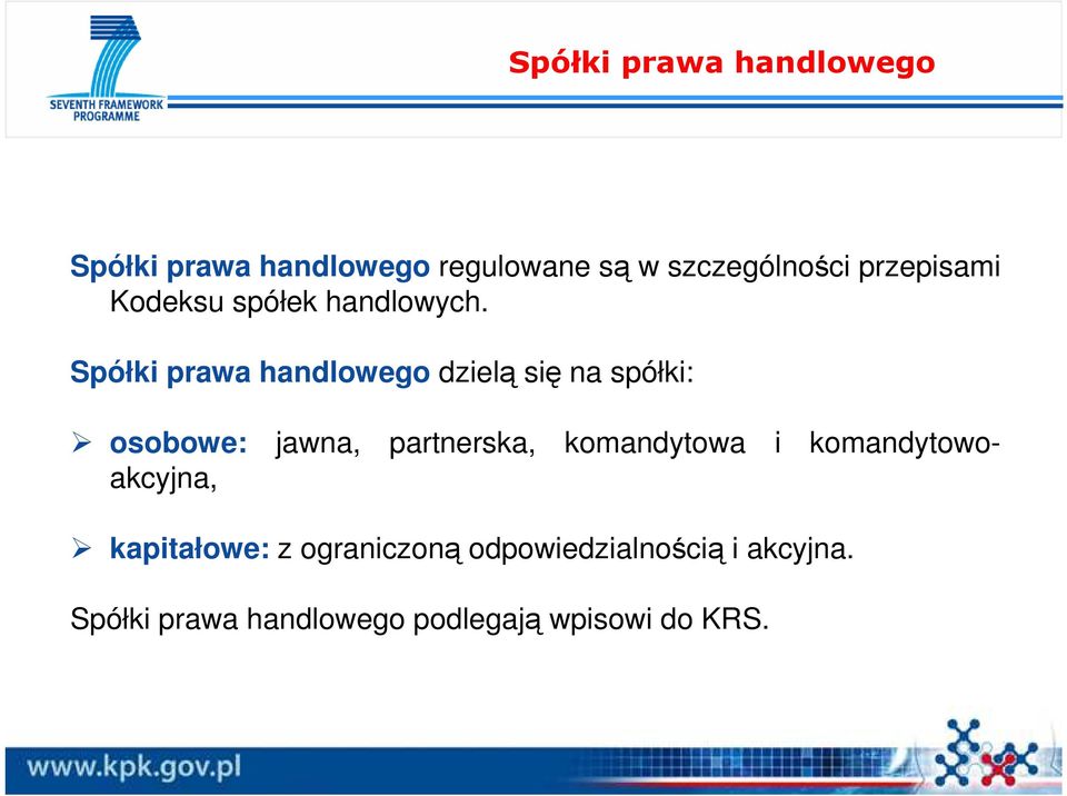 Spółki prawa handlowego dzielą się na spółki: jawna, partnerska, komandytowa i