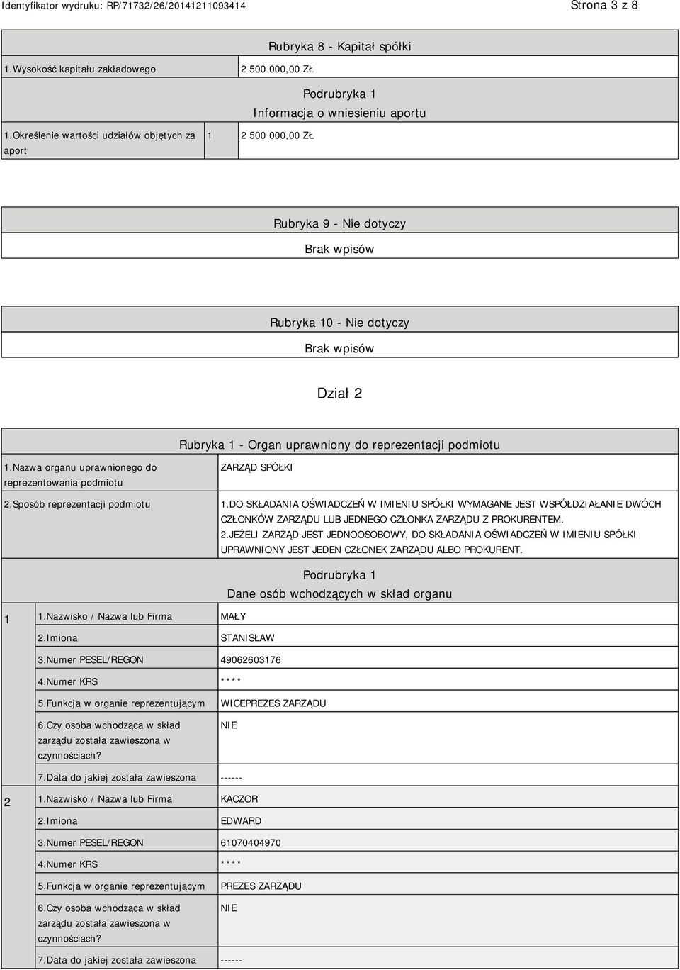Nazwa organu uprawnionego do reprezentowania podmiotu 2.Sposób reprezentacji podmiotu ZARZĄD SPÓŁKI 1.