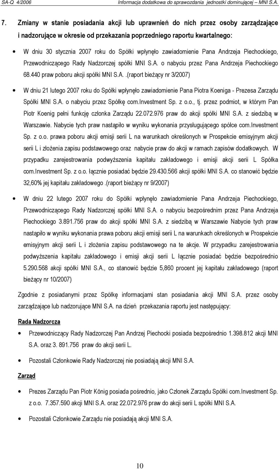 A. o nabyciu przez Spółkę com.investment Sp. z o.o., tj. przez podmiot, w którym Pan Piotr Koenig pełni funkcję członka Zarządu 22.072.976 praw do akcji spółki MNI S.A. z siedzibą w Warszawie.
