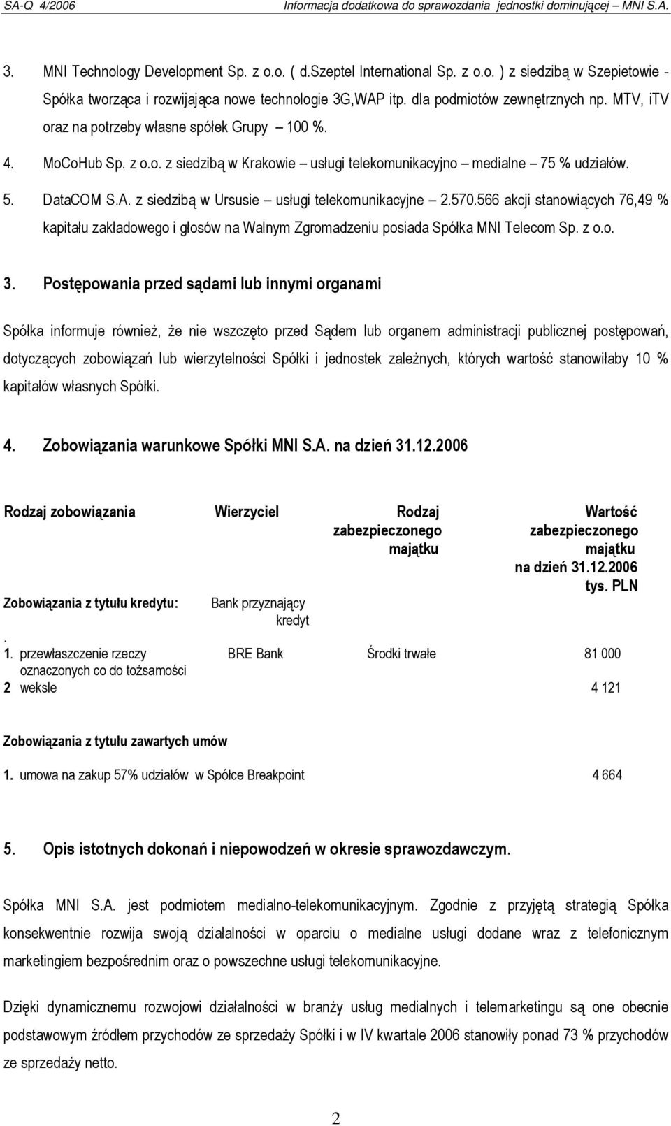 z siedzibą w Ursusie usługi telekomunikacyjne 2.570.566 akcji stanowiących 76,49 % kapitału zakładowego i głosów na Walnym Zgromadzeniu posiada Spółka MNI Telecom Sp. z o.o. 3.