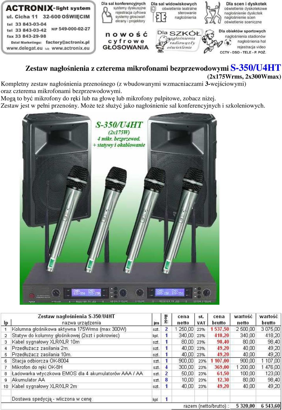 wbudowanymi wzmacniaczami 3-wejściowymi) oraz czterema mikrofonami