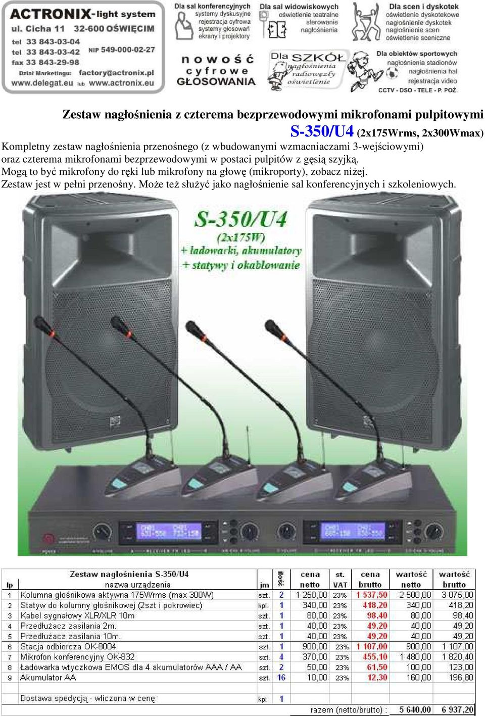 wzmacniaczami 3-wejściowymi) oraz czterema mikrofonami bezprzewodowymi w postaci