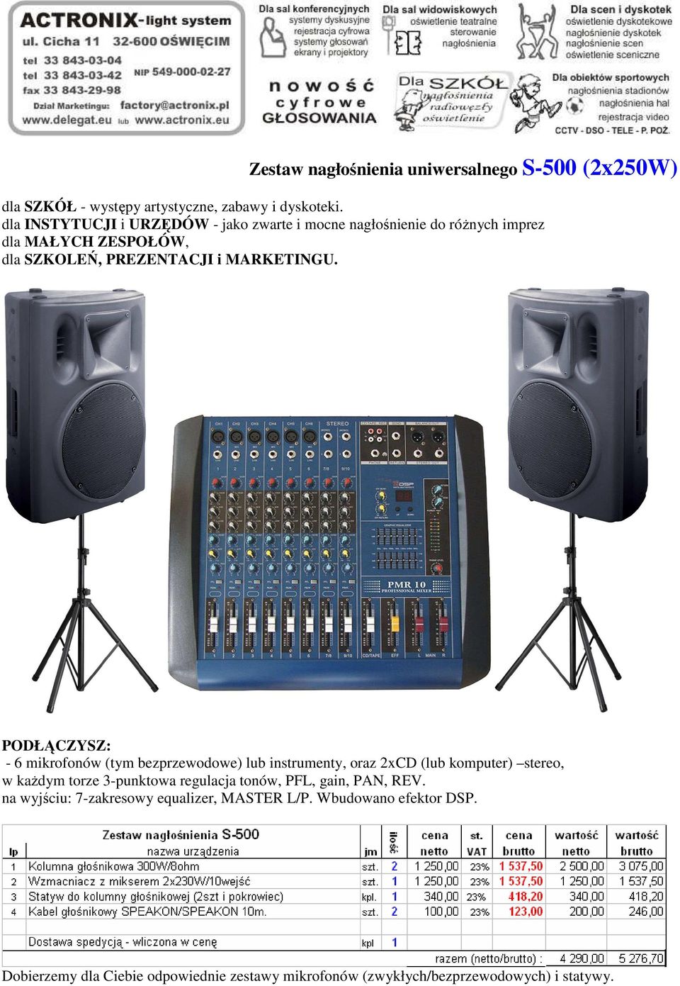 PODŁĄCZYSZ: - 6 mikrofonów (tym bezprzewodowe) lub instrumenty, oraz 2xCD (lub komputer) stereo, w każdym torze 3-punktowa regulacja tonów,