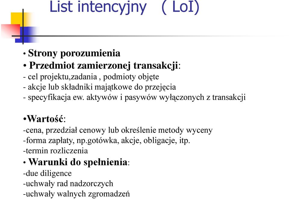 aktywów i pasywów wyłączonych z transakcji Wartość: -cena, przedział cenowy lub określenie metody wyceny -forma