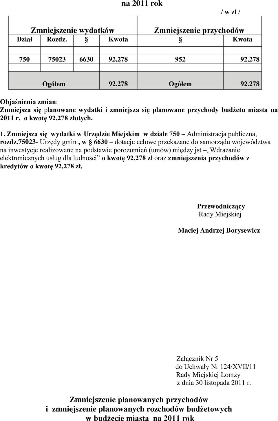 Zmniejsza się wydatki w Urzędzie Miejskim w dziale 750 Administracja publiczna, rozdz.