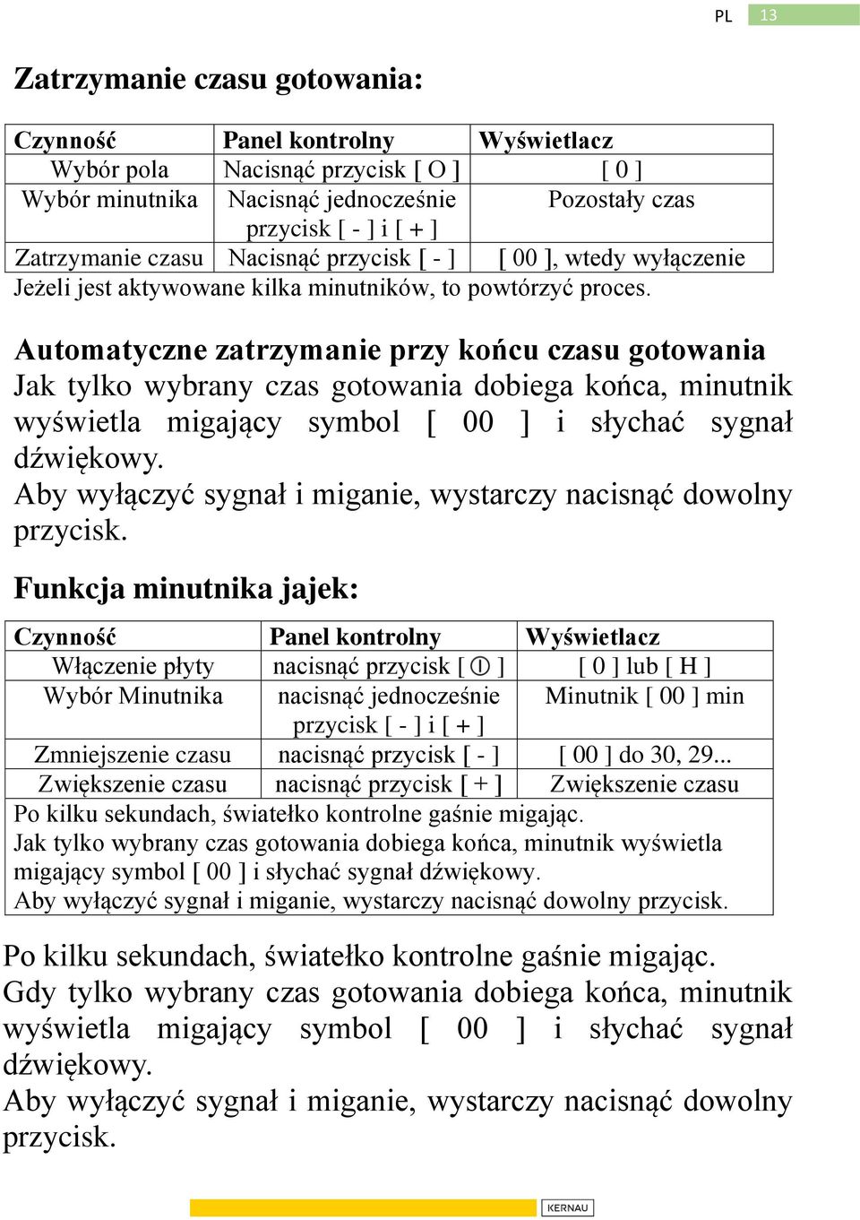 Automatyczne zatrzymanie przy końcu czasu gotowania Jak tylko wybrany czas gotowania dobiega końca, minutnik wyświetla migający symbol [ 00 ] i słychać sygnał dźwiękowy.