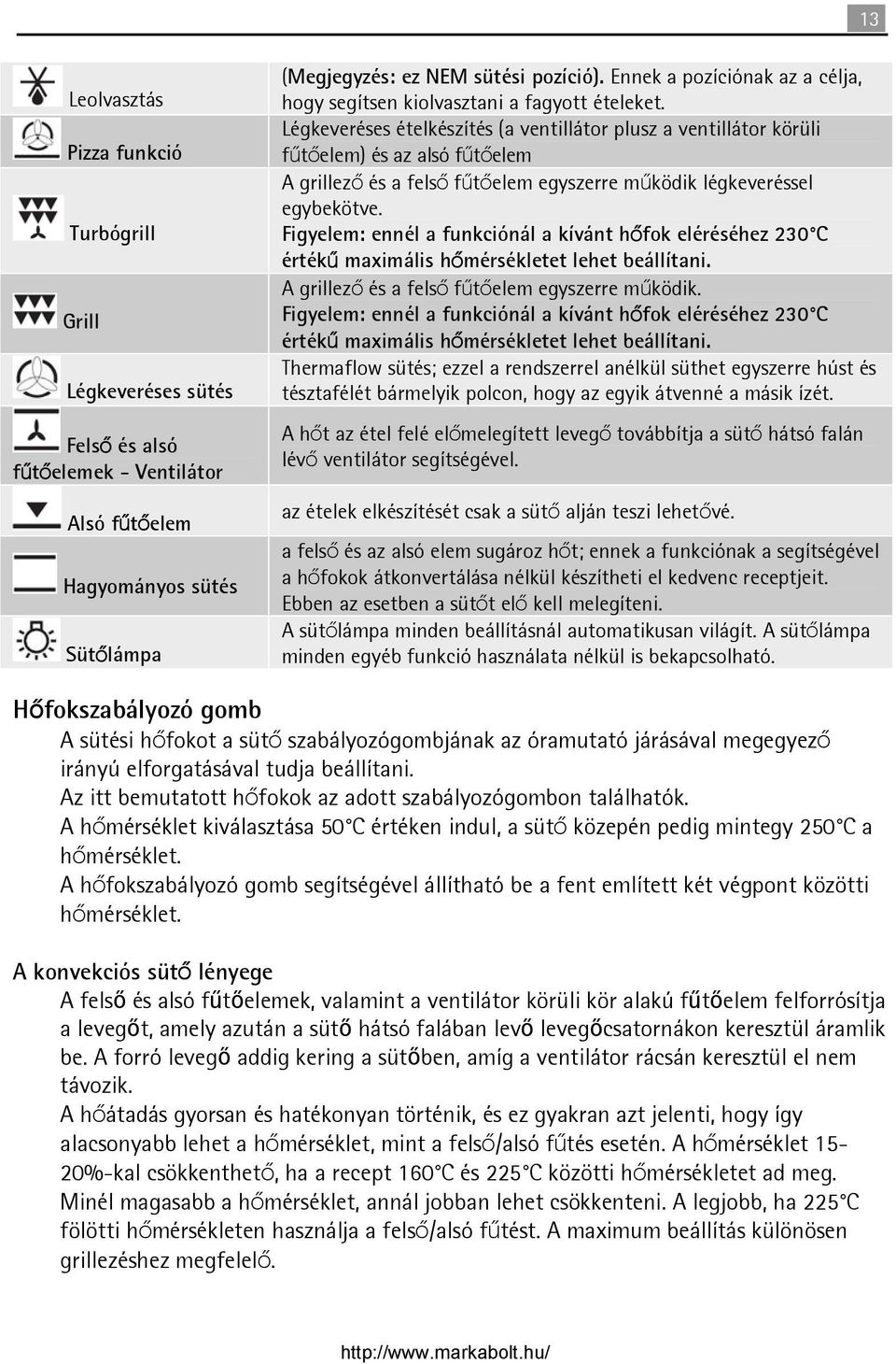Légkeveréses ételkészítés (a ventillátor plusz a ventillátor körüli fűtőelem) és az alsó fűtőelem A grillező és a felső fűtőelem egyszerre működik légkeveréssel egybekötve.