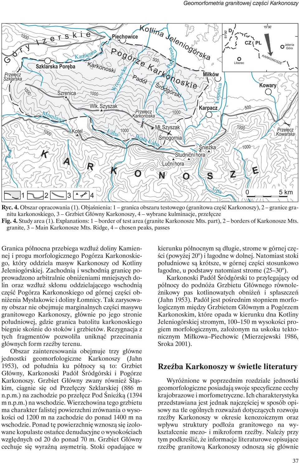 Explanations: 1 border of test area (granite Karkonosze Mts. part), 2 borders of Karkonosze Mts. granite, 3 Main Karkonosze Mts.