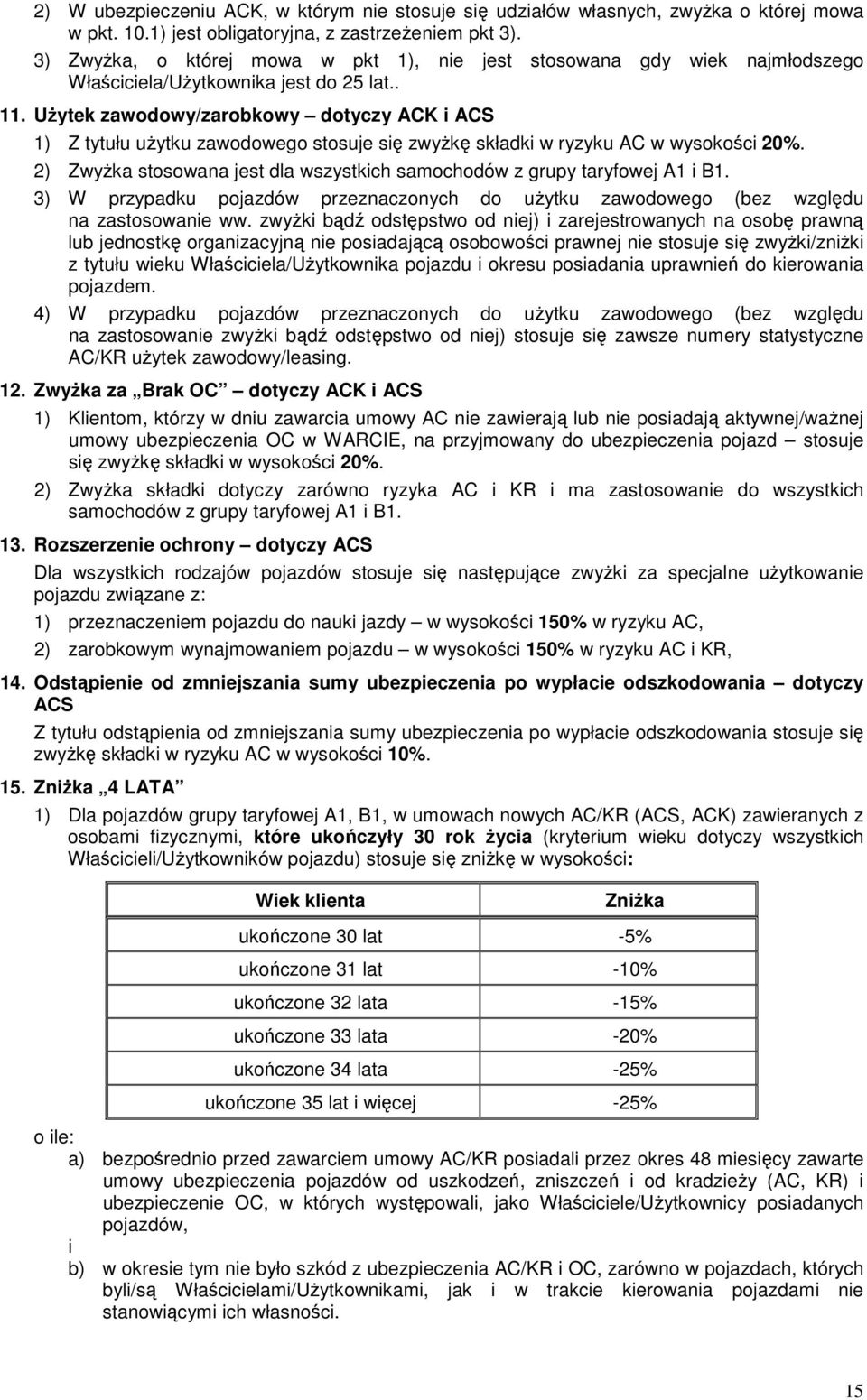 UŜytek zawodowy/zarobkowy dotyczy ACK i ACS 1) Z tytułu uŝytku zawodowego stosuje się zwyŝkę składki w ryzyku AC w wysokości 20%.
