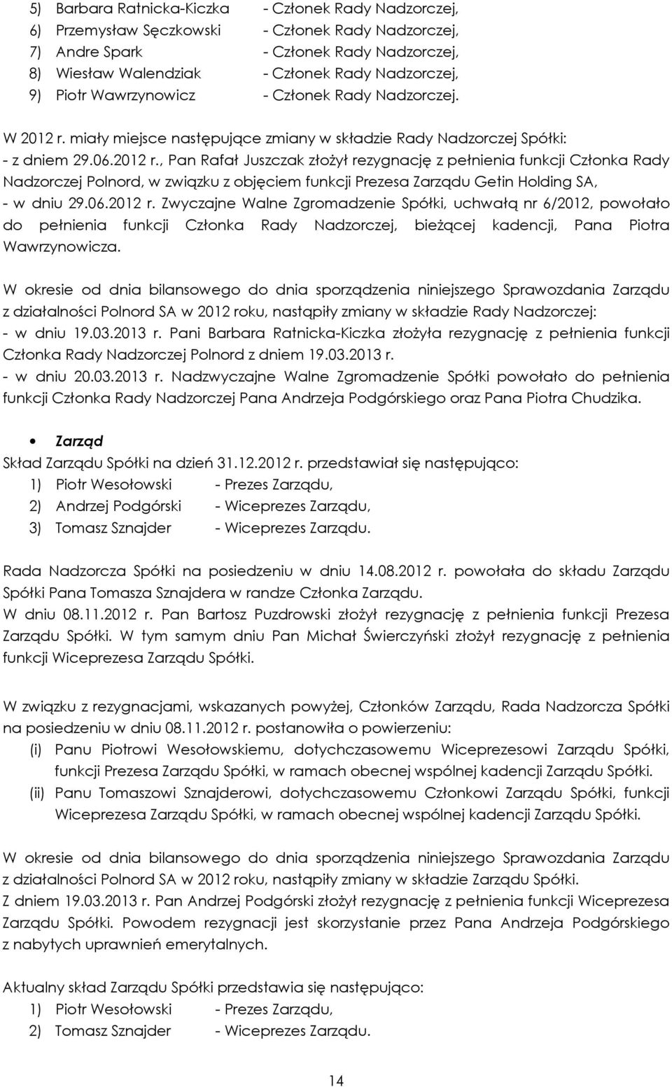 miały miejsce następujące zmiany w składzie Rady Nadzorczej Spółki: - z dniem 29.06.2012 r.