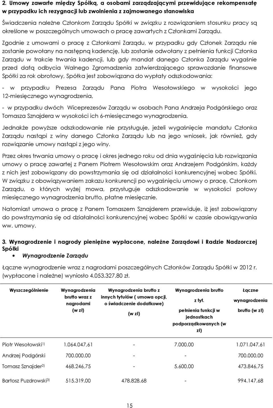 Zgodnie z umowami o pracę z Członkami Zarządu, w przypadku gdy Członek Zarządu nie zostanie powołany na następną kadencję, lub zostanie odwołany z pełnienia funkcji Członka Zarządu w trakcie trwania