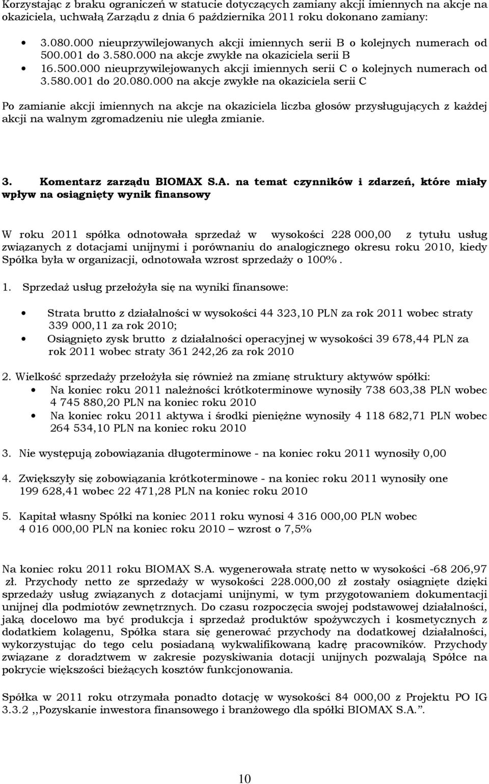 580.001 do 20.080.000 na akcje zwykłe na okaziciela serii C Po zamianie akcji imiennych na akcje na okaziciela liczba głosów przysługujących z każdej akcji na walnym zgromadzeniu nie uległa zmianie.