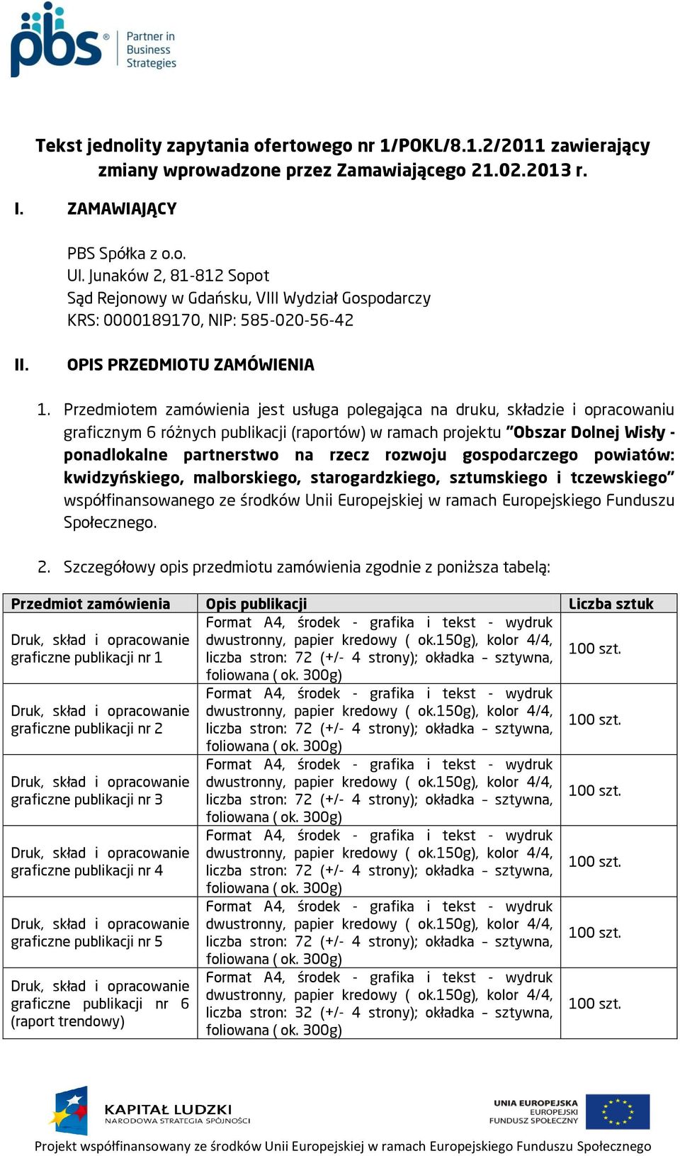 Przedmiotem zamówienia jest usługa polegająca na druku, składzie i opracowaniu graficznym 6 różnych publikacji (raportów) w ramach projektu "Obszar Dolnej Wisły - ponadlokalne partnerstwo na rzecz