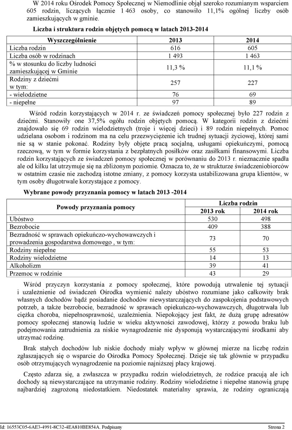 Gminie 11,3 % 11,1 % Rodziny z dziećmi w tym: 257 227 - wielodzietne 76 69 - niepełne 97 89 Wśród rodzin korzystających w 2014 r. ze świadczeń pomocy społecznej było 227 rodzin z dziećmi.