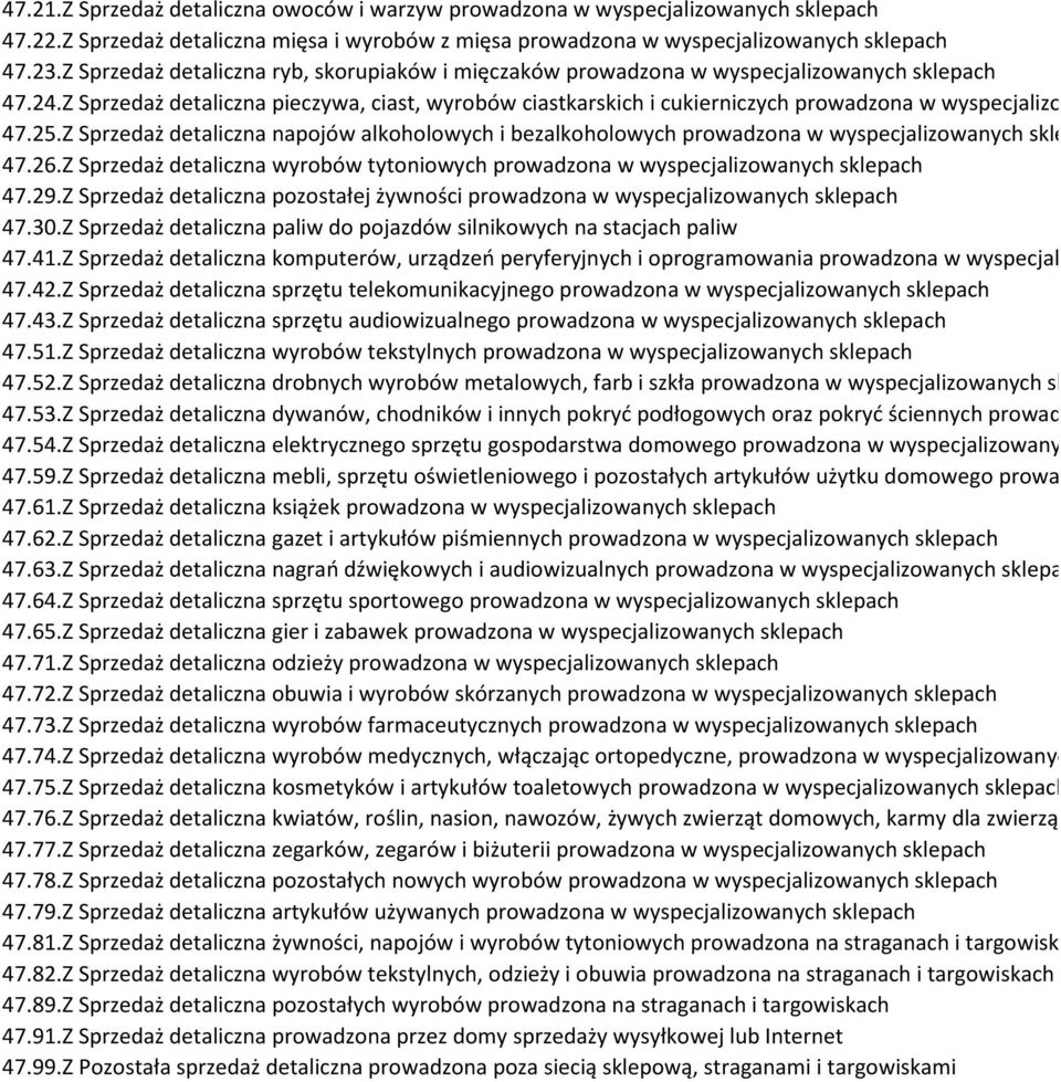 Z Sprzedaż detaliczna pieczywa, ciast, wyrobów ciastkarskich i cukierniczych prowadzona w wyspecjalizowanych skl 47.25.