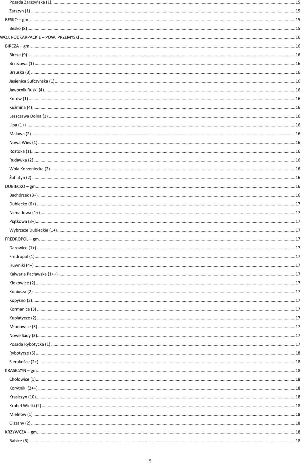 .. 16 Rudawka (2)... 16 Wola Korzeniecka (2)... 16 Żohatyn (2)... 16 DUBIECKO gm.... 16 Bachórzec (3+)... 16 Dubiecko (6+)... 17 Nienadowa (1+)... 17 Piątkowa (3+)... 17 Wybrzeże Dubieckie (1+).