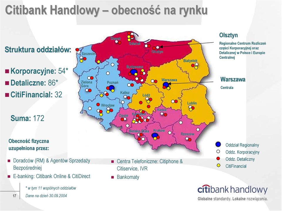 Katowice Kielce Lublin Obecność fizyczna uzupełniona przez: Doradców (RM) & Agentów Sprzedaży Bezpośredniej E-banking: Citibank Online & CitiDirect Bielsko-Bia Biała Kraków