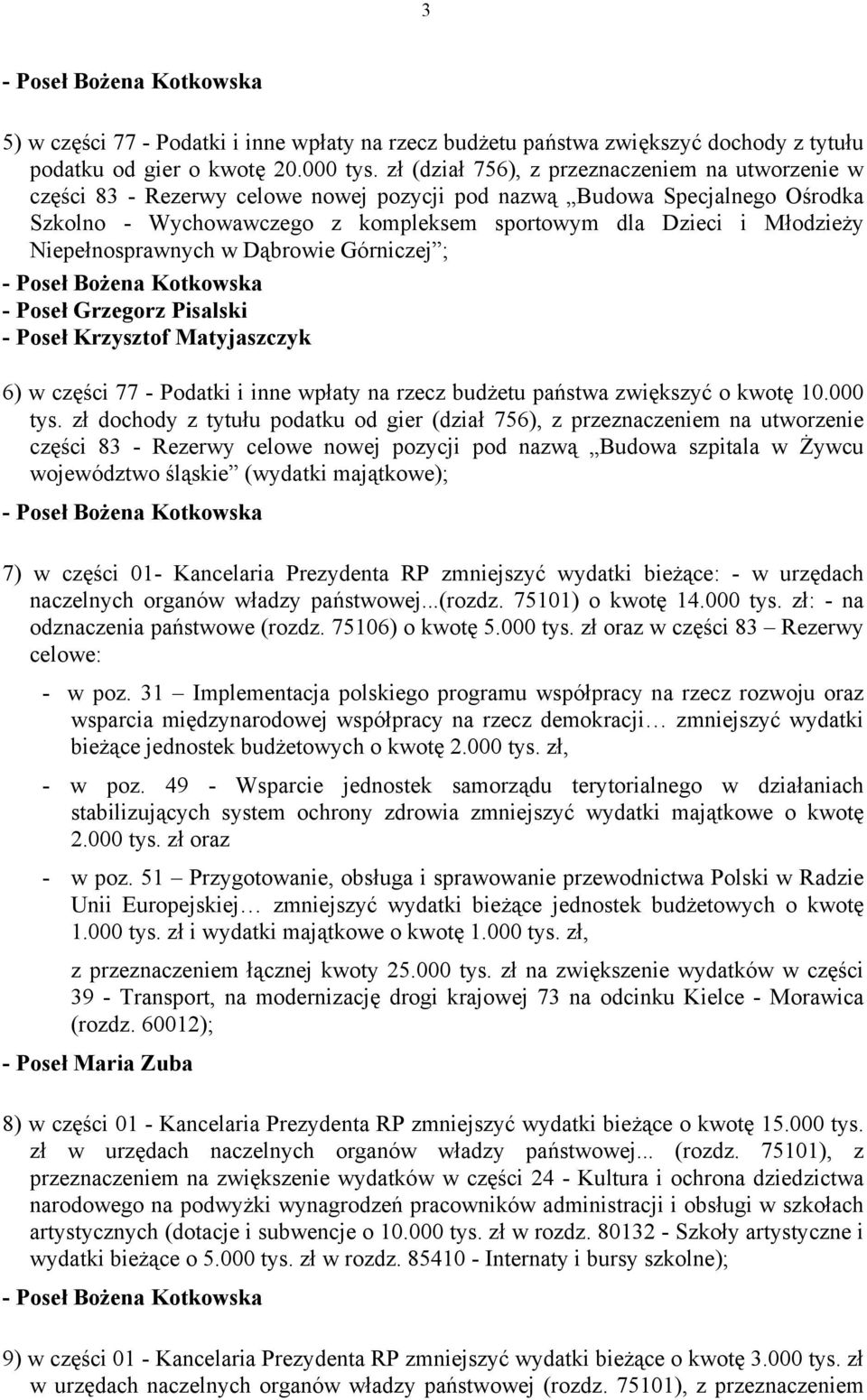 Niepełnosprawnych w Dąbrowie Górniczej ; - Poseł Grzegorz Pisalski - Poseł Krzysztof Matyjaszczyk 6) w części 77 - Podatki i inne wpłaty na rzecz budżetu państwa zwiększyć o kwotę 10.000 tys.