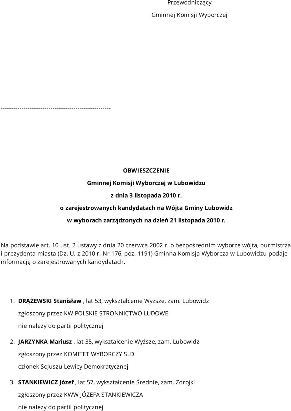 o bezpośrednim wyborze wójta, burmistrza i prezydenta miasta (Dz. U. z 2010 r. Nr 176, poz. 1191) Gminna Komisja Wyborcza w Lubowidzu podaje informację o zarejestrowanych kandydatach. 1. DRĄŻEWSKI Stanisław, lat 53, wykształcenie Wyższe, zam.