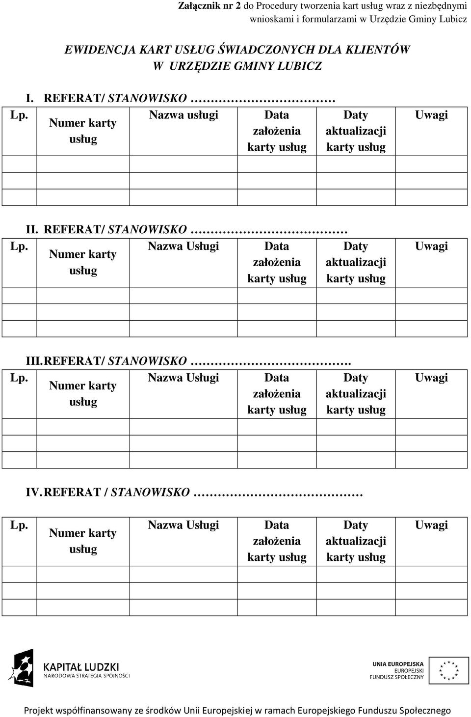 REFERAT/ STANOWISKO. Lp. Nazwa Usługi Data Daty Numer karty założenia aktualizacji usług karty usług karty usług Uwagi IV. REFERAT / STANOWISKO Lp.